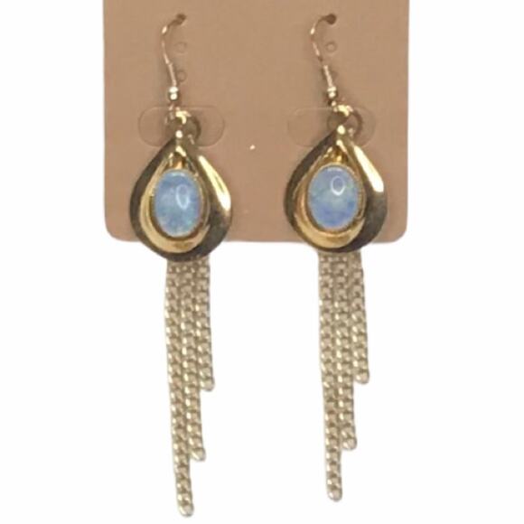 Vintage Dangle Earring Faux White Opal Gold Fringe - Picture 8 of 8